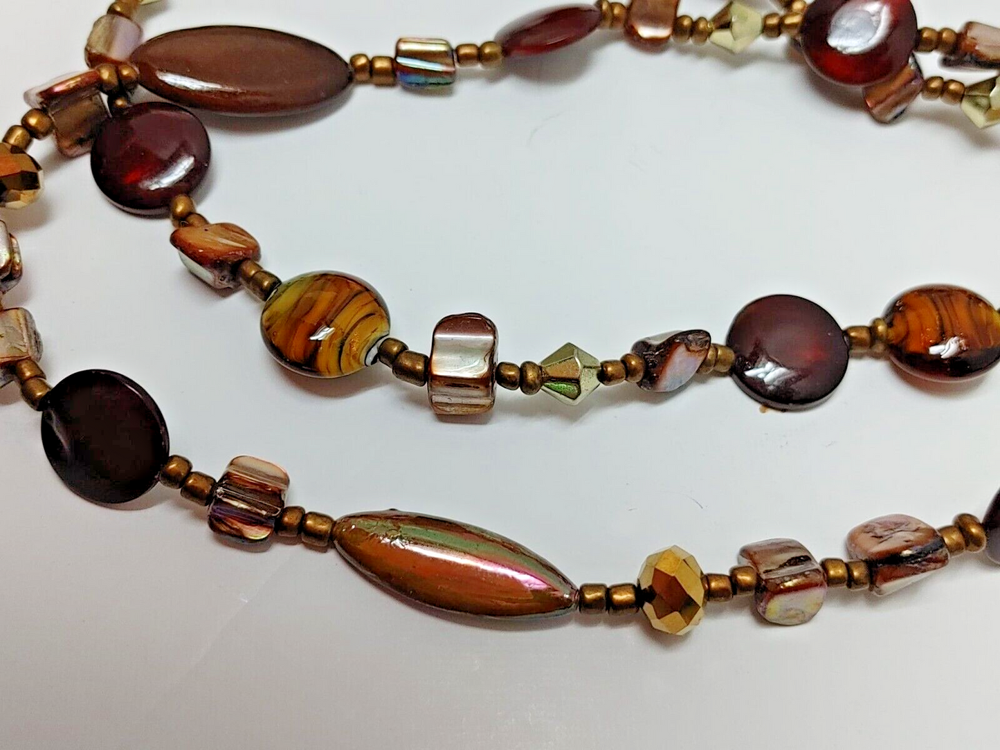 Doble 20" Long Necklace Brown GLASS BEADS Bronze Tone PEARLS Boho Retro