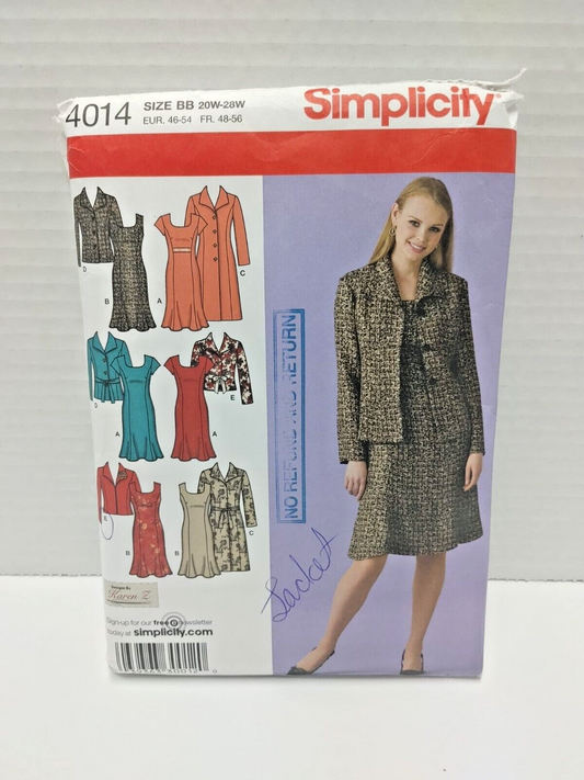 Woman's Unlined Coat Jacket Dress Sizes 20w - 28w Misses' Simplicity Pattern #40