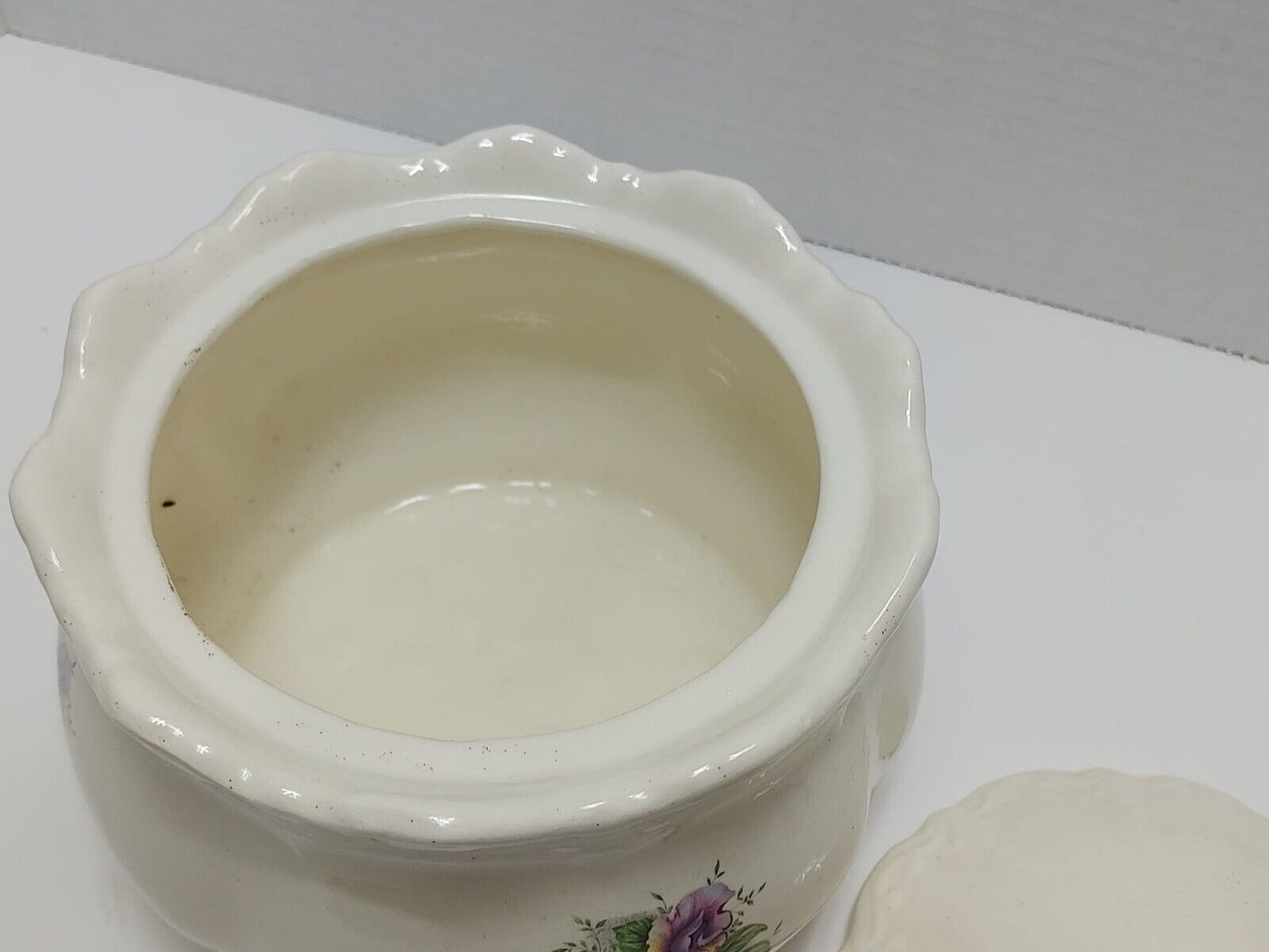 Vintage Ratauds Covered Serving Dish 1960's England Vanilla White w/ Roses