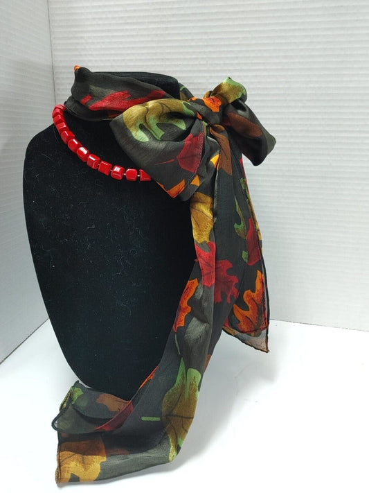 Silk Scarf & matching Red Acrylic Necklace Ladies Gift Set jewelry FALL STYLE
