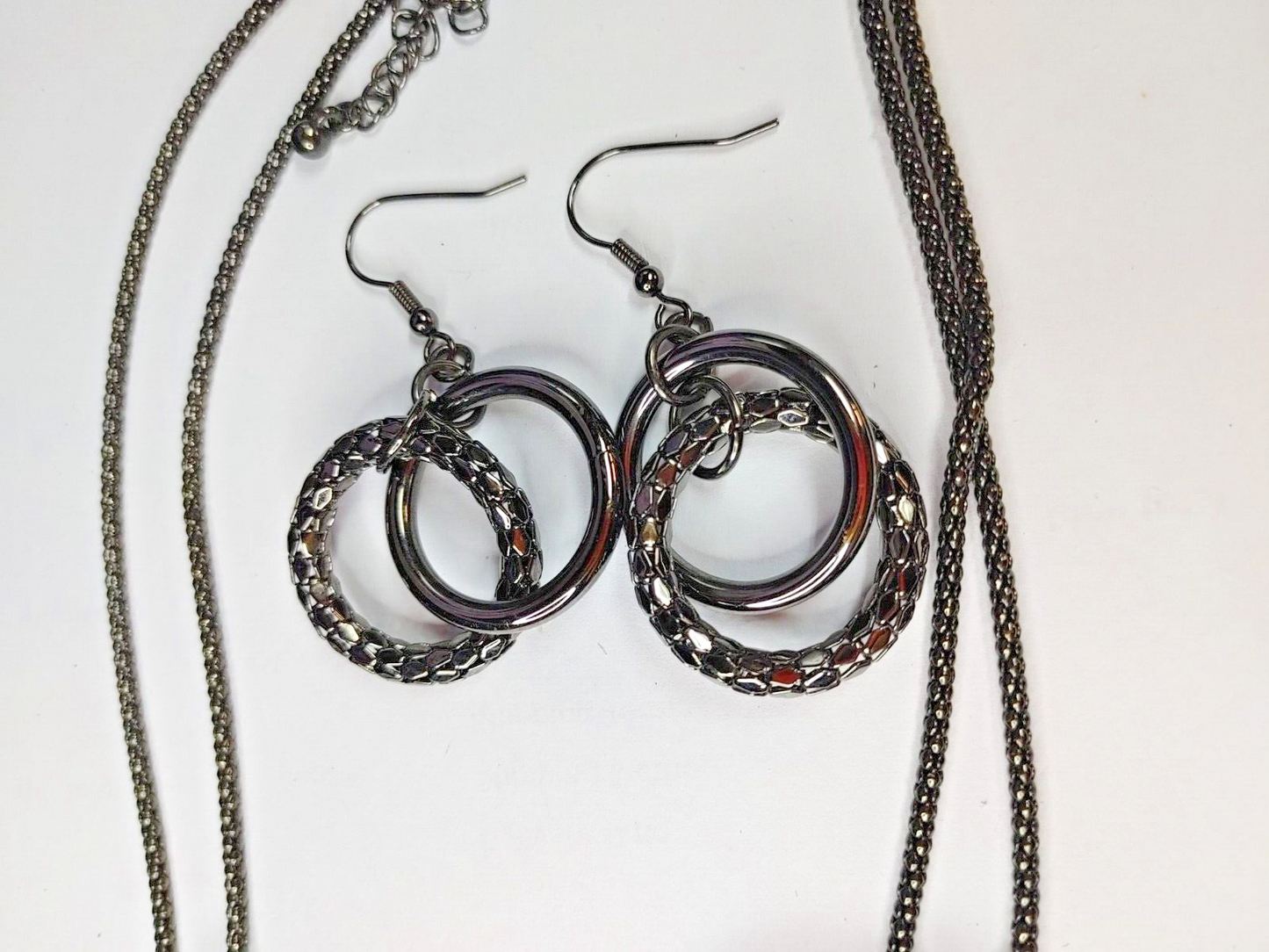 Vintage Jewelry Necklace Earrings Gun Metal Chain Chunky Rings  17" Jewelry Set
