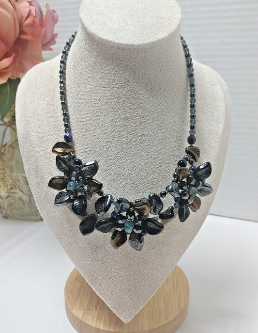 Flower bouquet statement Necklace Polished Stone purple blue black bead accents