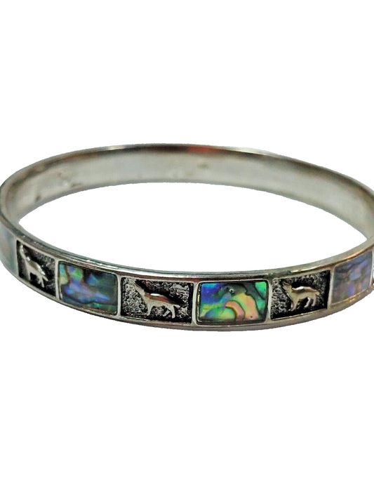 Abalone Shell & Silver Tone Bangle Wolf - Stamped "M"