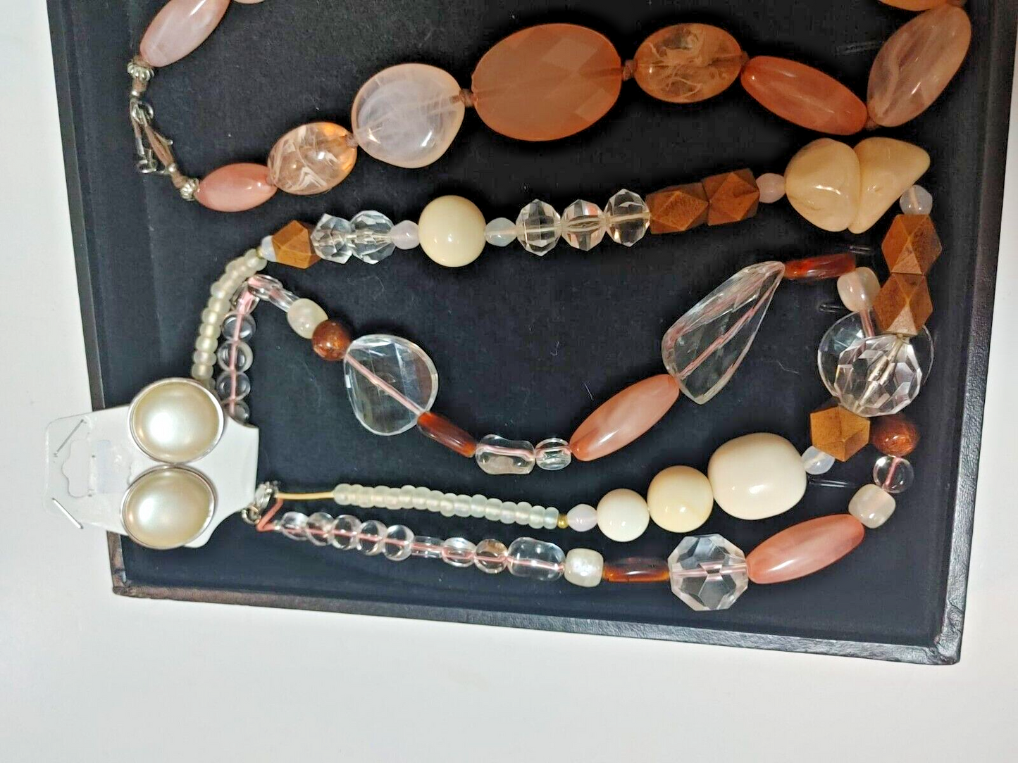 Set of 3 Vintage Faux Stone Lucite Beaded Necklaces Gold Tone Multi Strand