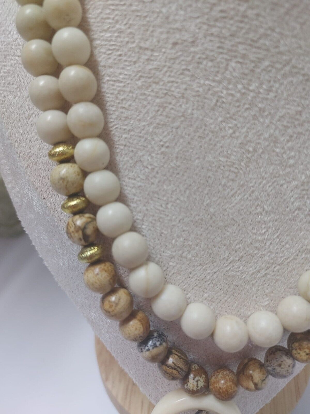 Natural Jasper Gemstone Beads Necklace & Horn Crescent Moon Pendant 36" Bohemian