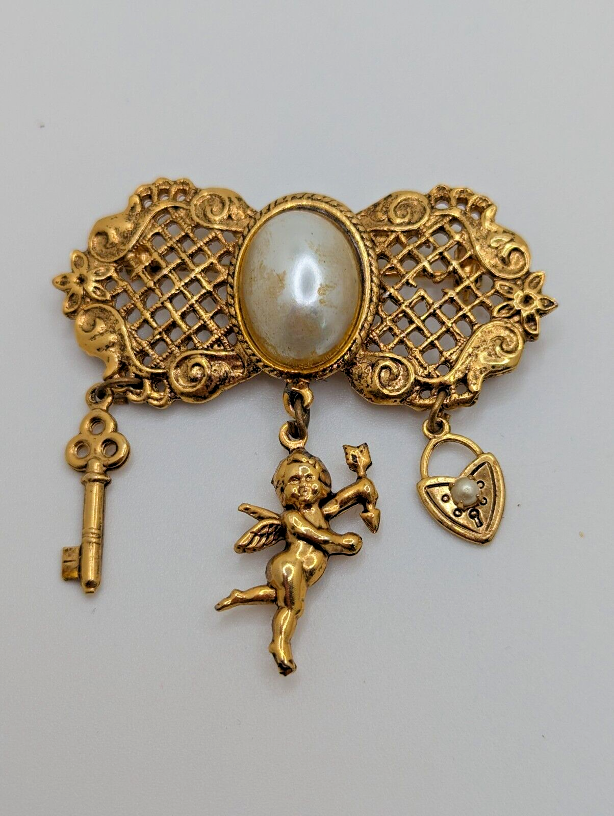 Vintage Goldette Charm Brooch Victorian Revival Dangles Pin Faux Pearl Goldtone