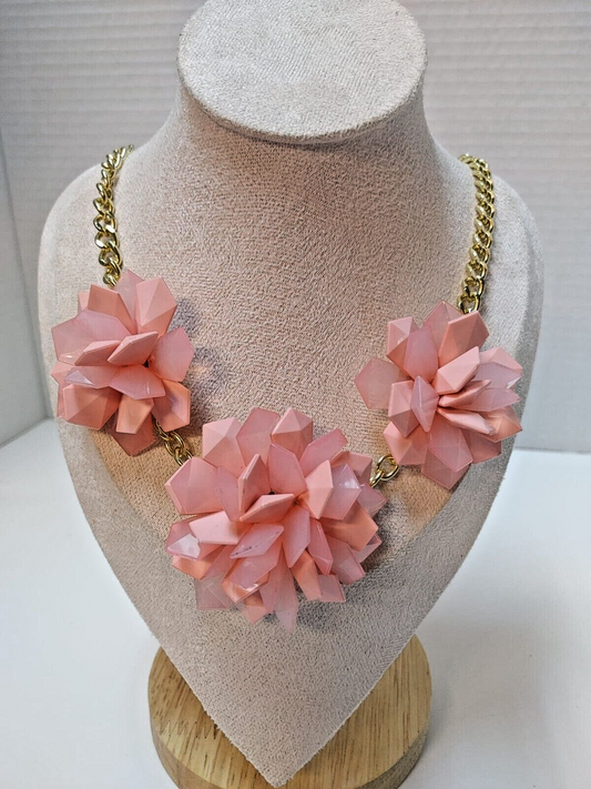 Gold Tone Light Pink Flower Necklace Spring Time Floral Acrylic