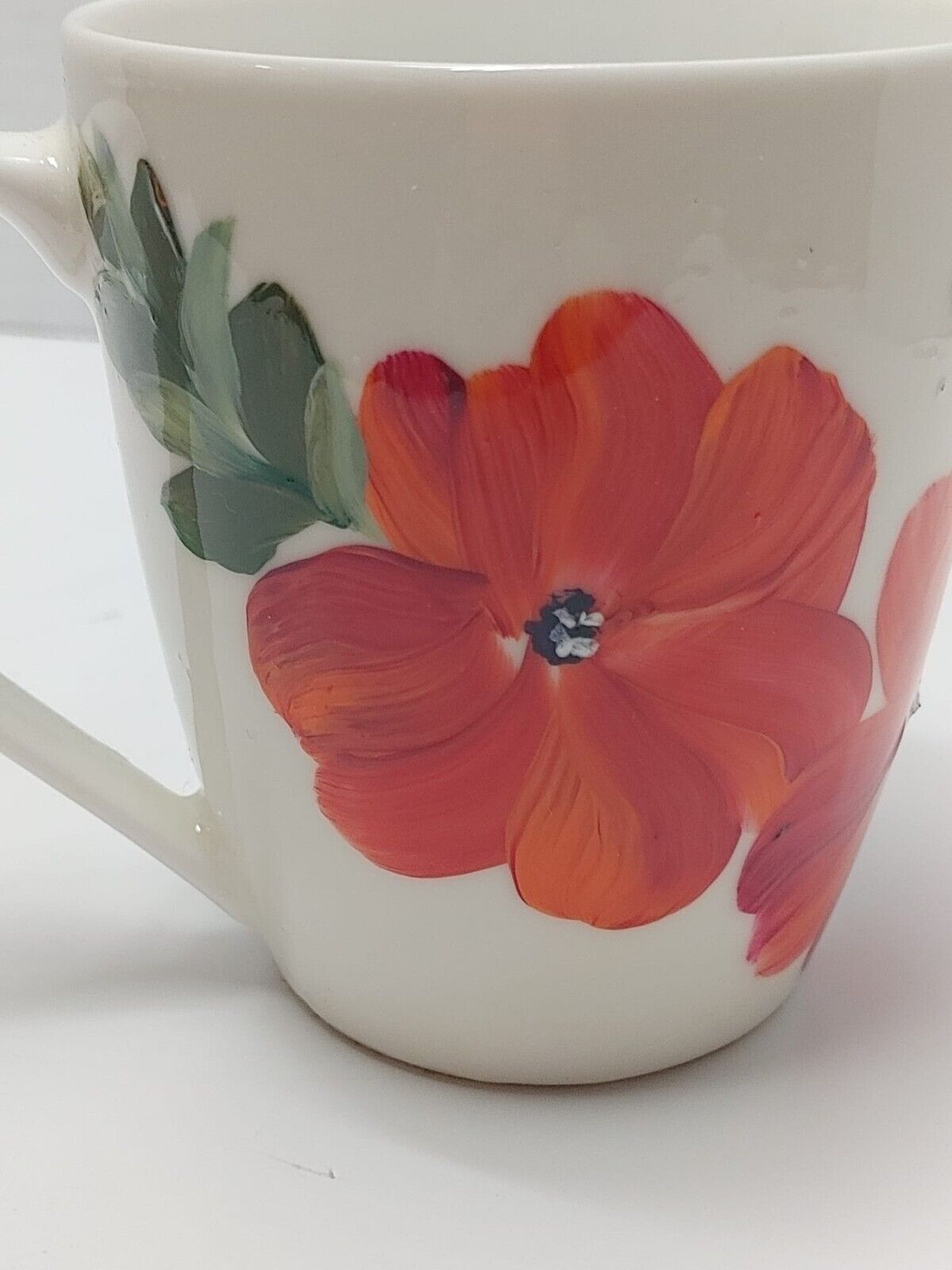 Hand Painted RED Floral Mug, Coffee Tea lovers mug, Pretty White Mug, Gift
