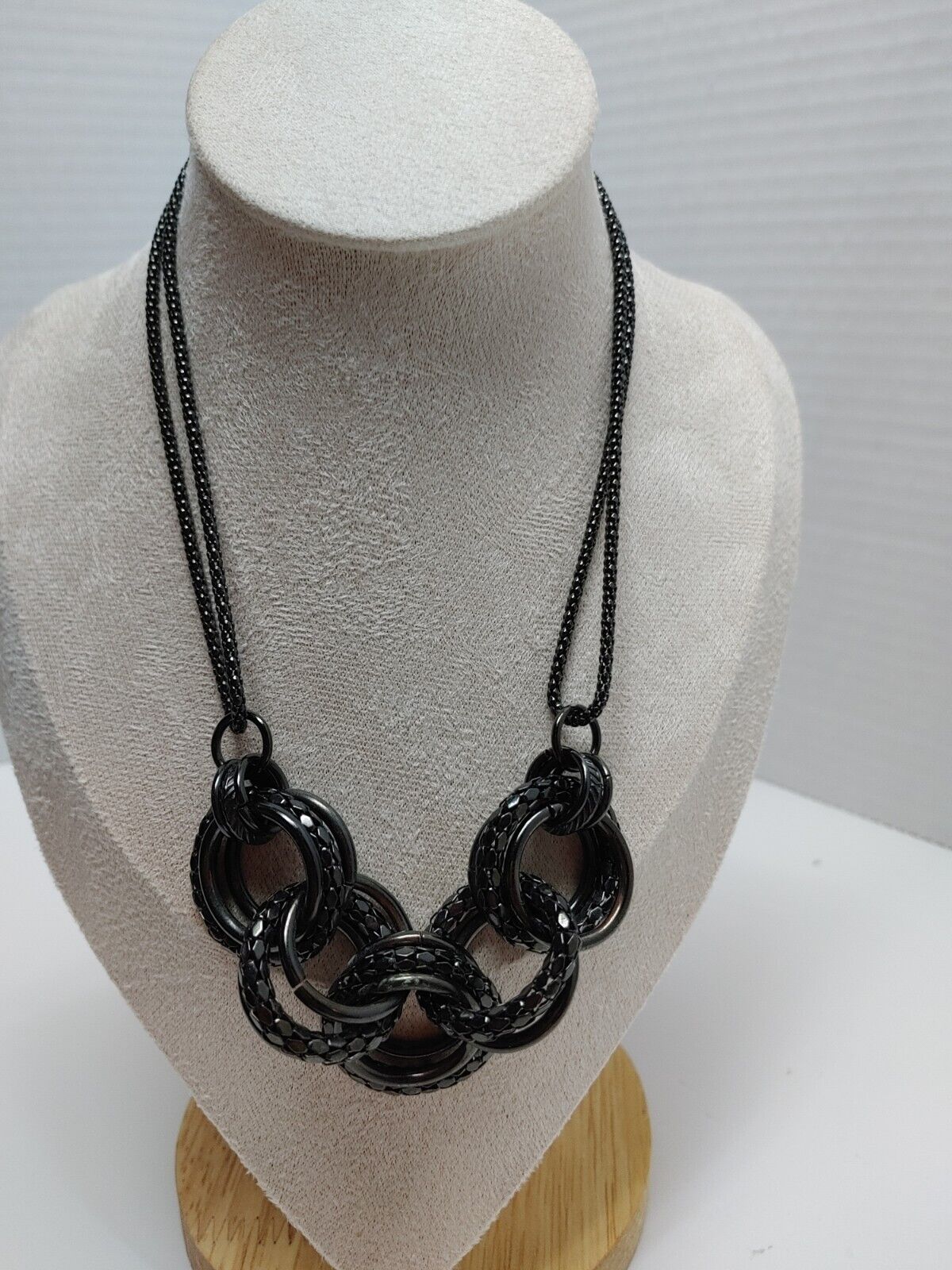 Vintage Jewelry Necklace Earrings Gun Metal Chain Chunky Rings  17" Jewelry Set