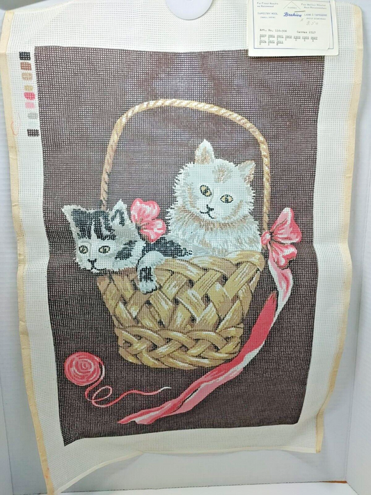 VTG Beehive Needlepoint Canvas Barr & Mackey Ltd. Kittens & Basket