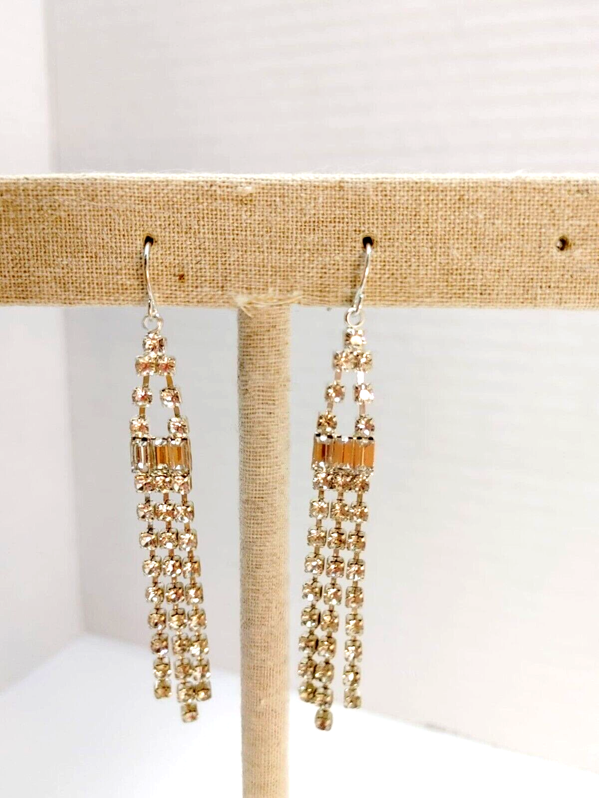 Vintage Estate Art Deco Drop Earrings Rhinestone Dangle Bridal silver Tone