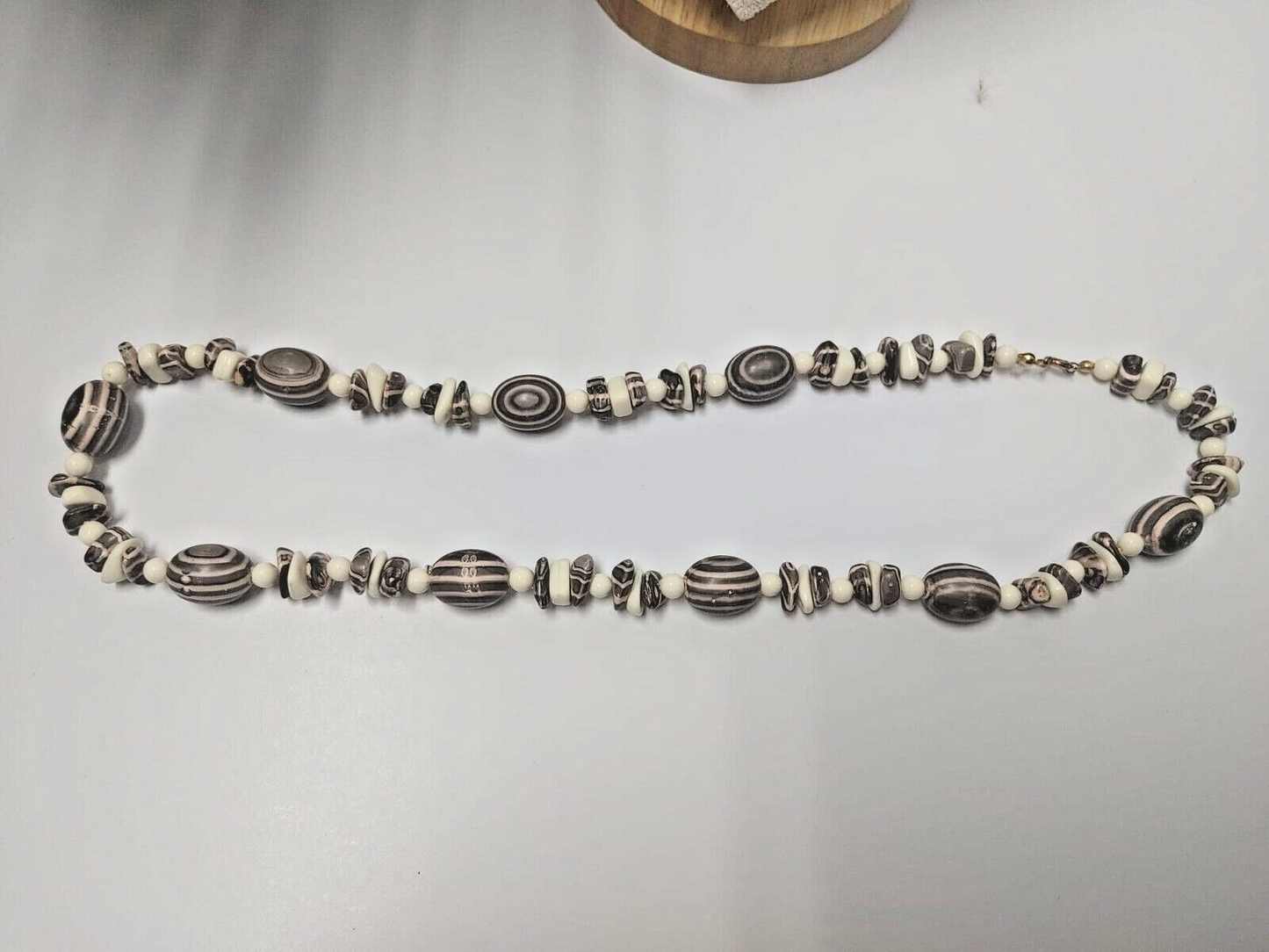 Handmade Boho Long Necklace Brown White Striped Lucite Resin Bead  Unsigned