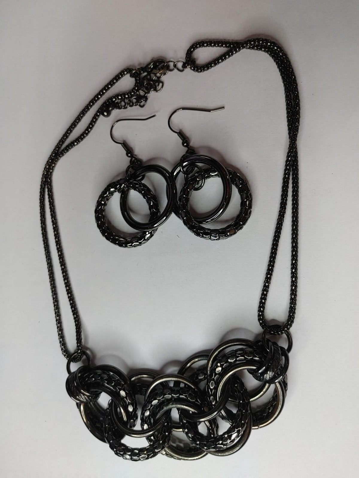 Vintage Jewelry Necklace Earrings Gun Metal Chain Chunky Rings  17" Jewelry Set