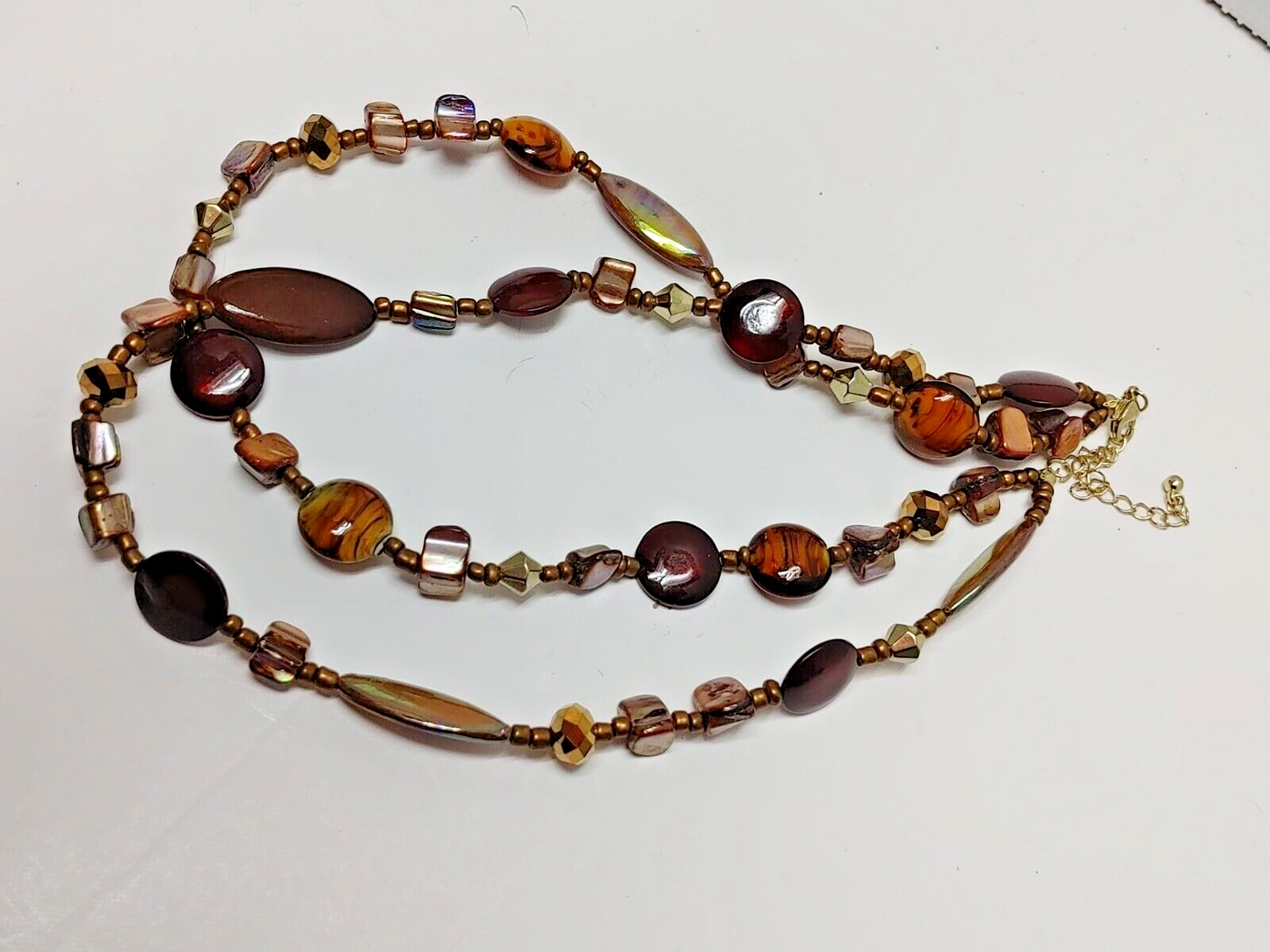 Doble 20" Long Necklace Brown GLASS BEADS Bronze Tone PEARLS Boho Retro