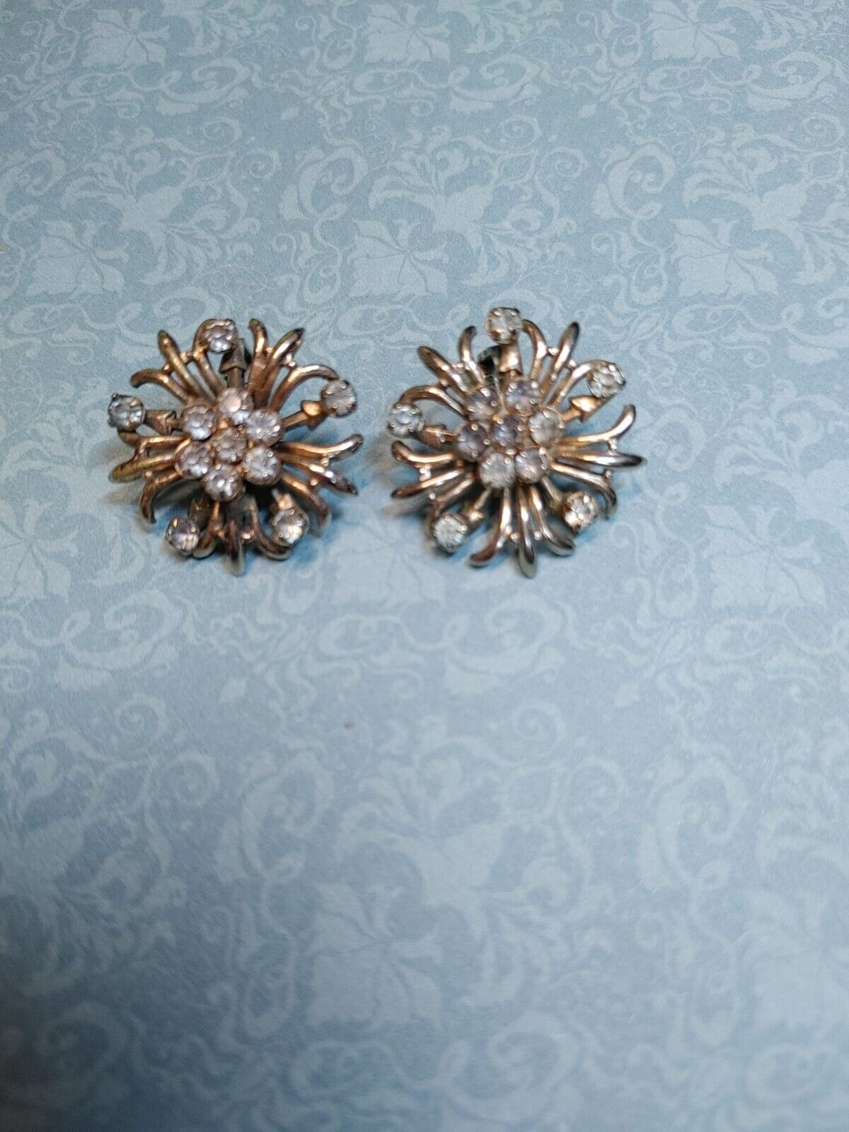 Vintage 1930-40s Signed PAT 1967965 Clip Earrings Rhinestones Goldtone