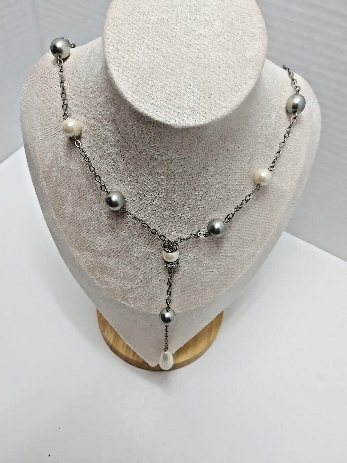 Silver Tone Faux Pearl Rhinestone Chocker Drop Necklace  Y Drop Dangle