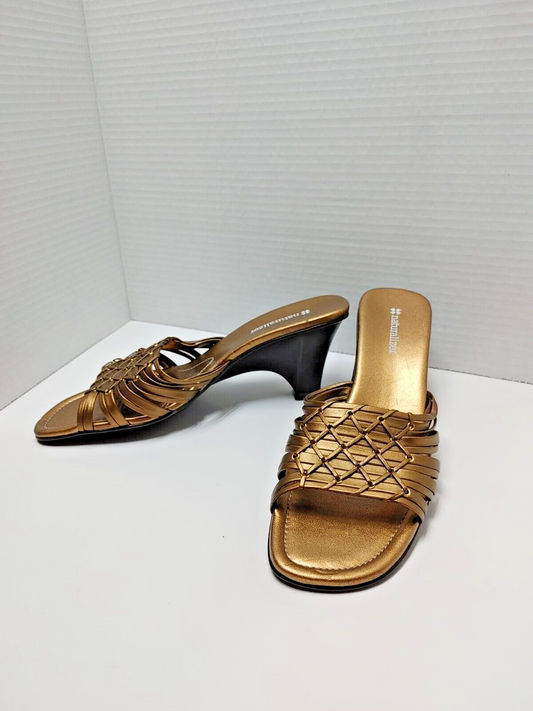 Women's Sandals 2" Heel Shoes Open Toe Mules Bronze Leather Naturalizer Size 7