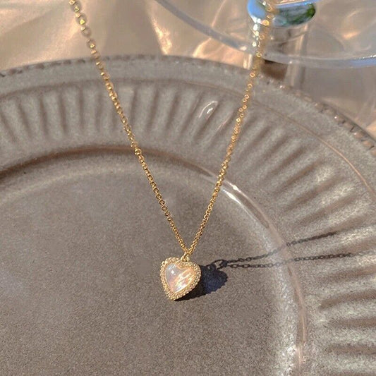 14K Gold Plated Heart Shaped Opal Chain Pendant Necklace for Women Wedding Gift