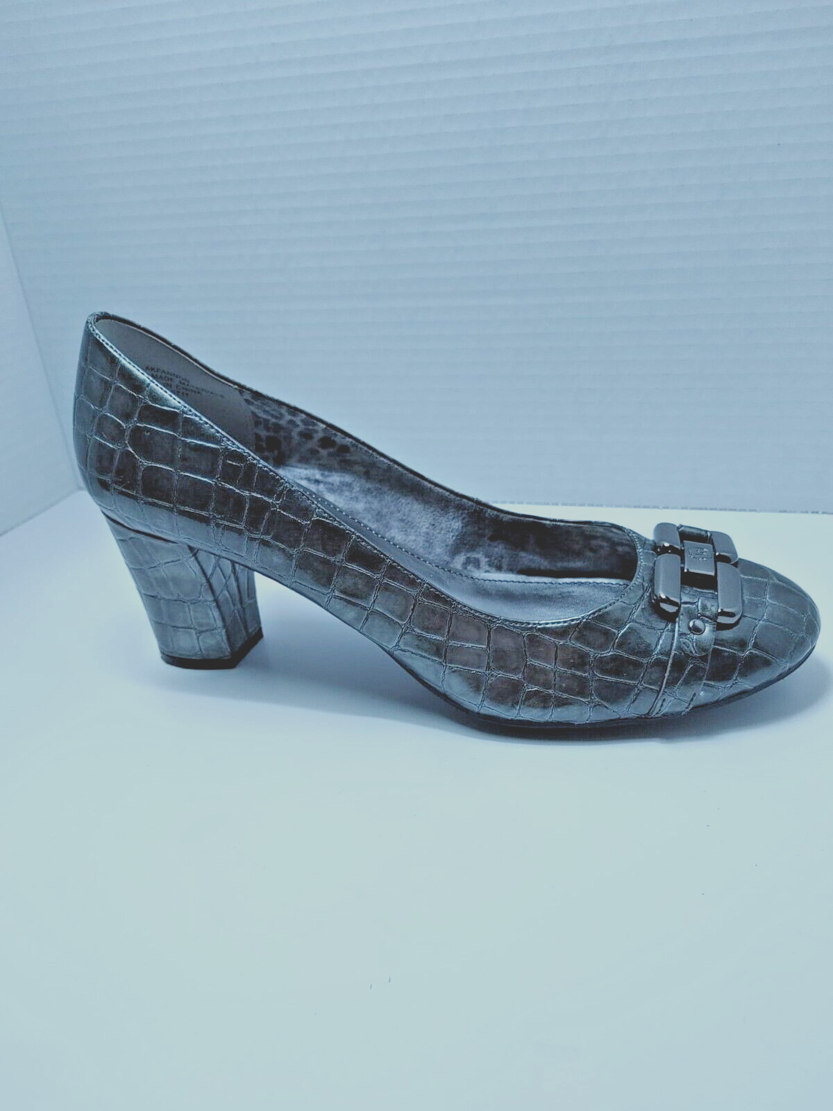 AK Anne klein iflex Block Heels Shoes Sz 9M Pewter Croc Print dark Grey Shiny