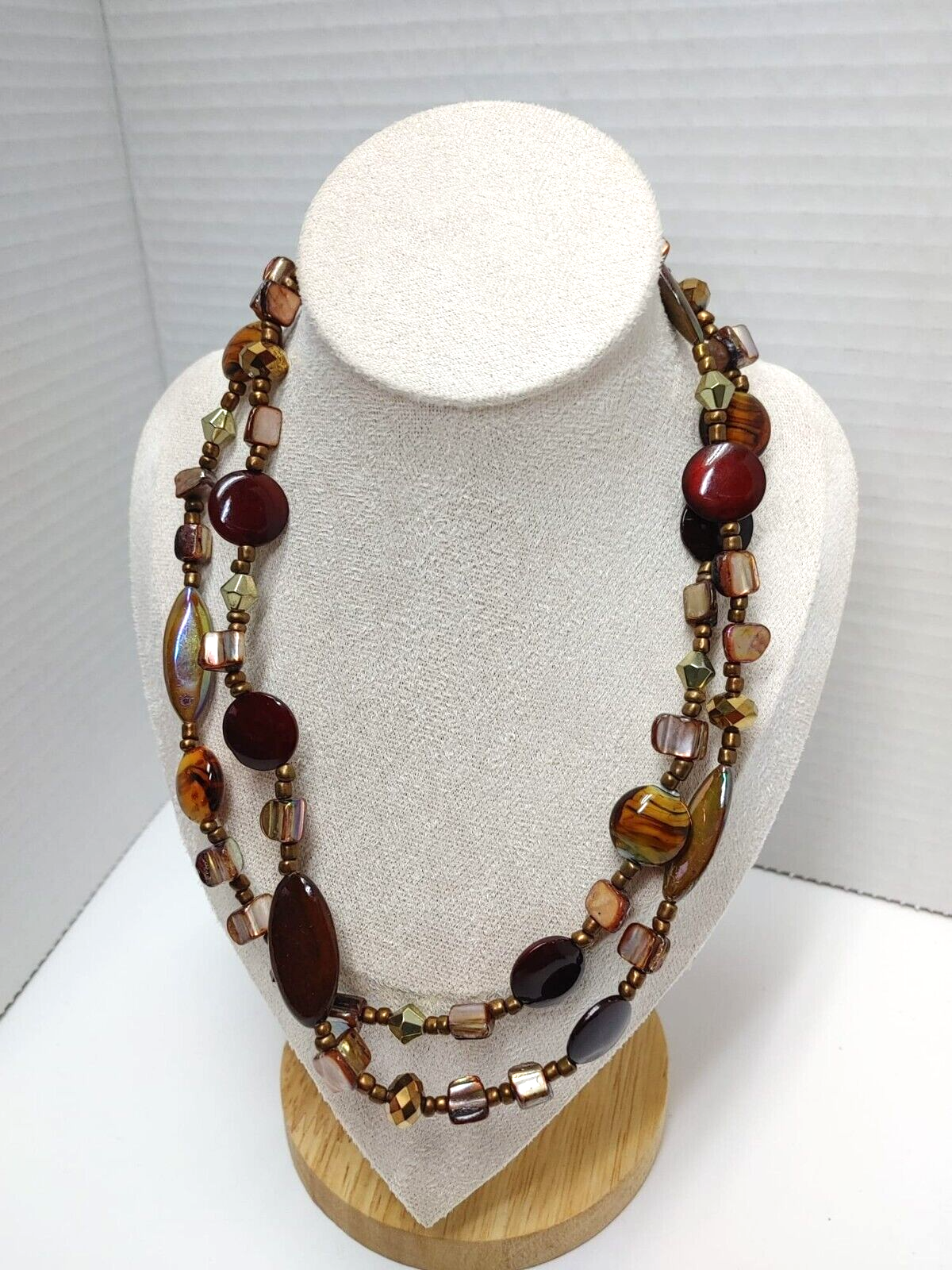 Doble 20" Long Necklace Brown GLASS BEADS Bronze Tone PEARLS Boho Retro
