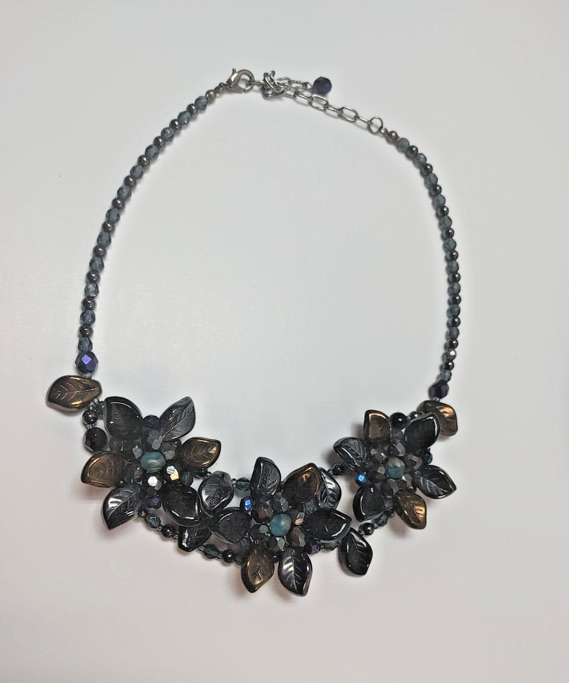 Flower bouquet statement Necklace Polished Stone purple blue black bead accents