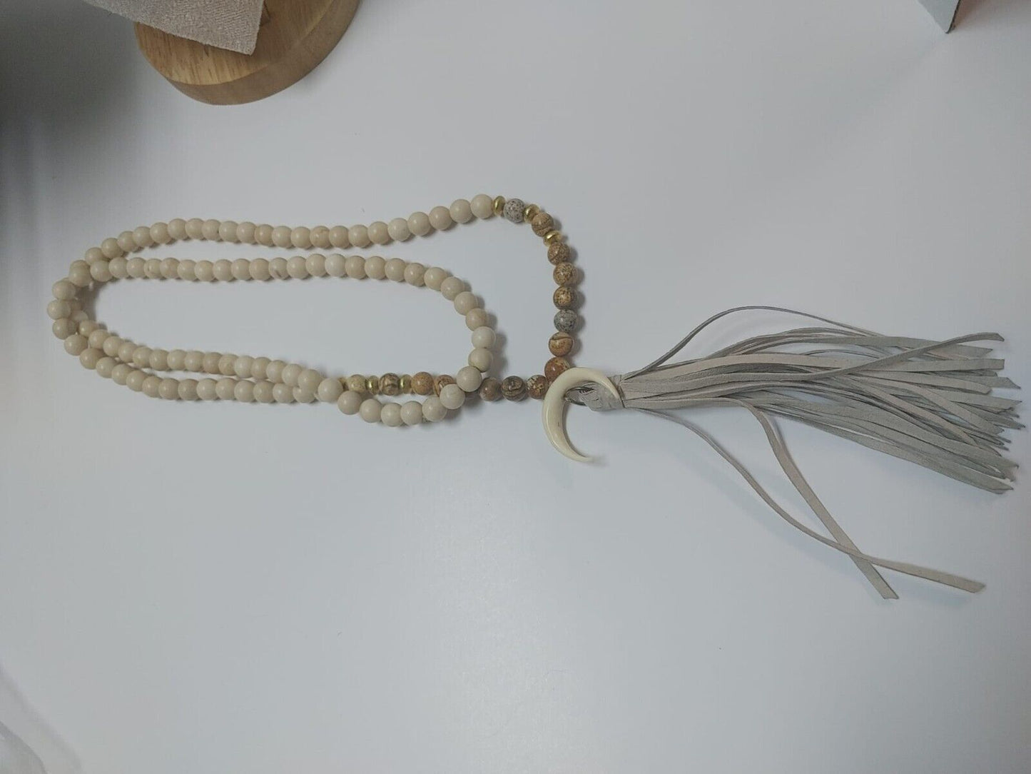 Natural Jasper Gemstone Beads Necklace & Horn Crescent Moon Pendant 36" Bohemian