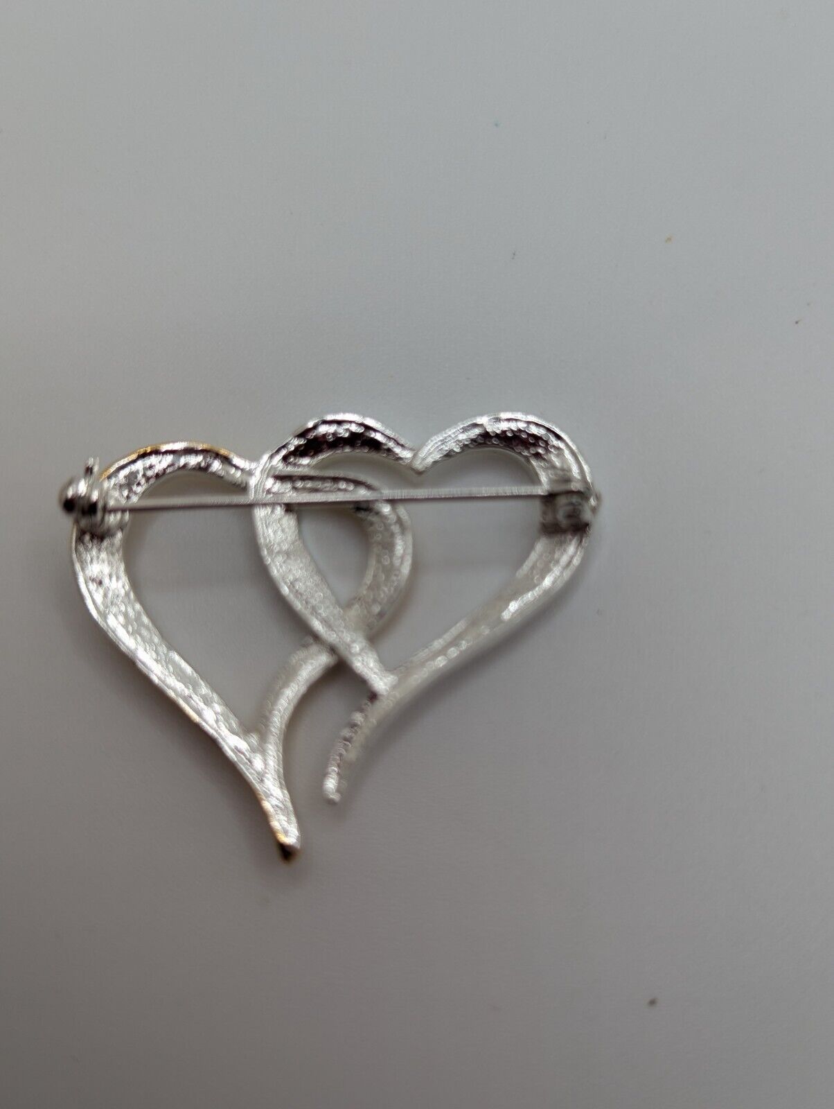 Vintage AB Rhinestones Double Hearts Brooch Pin Goldtone Silvertone