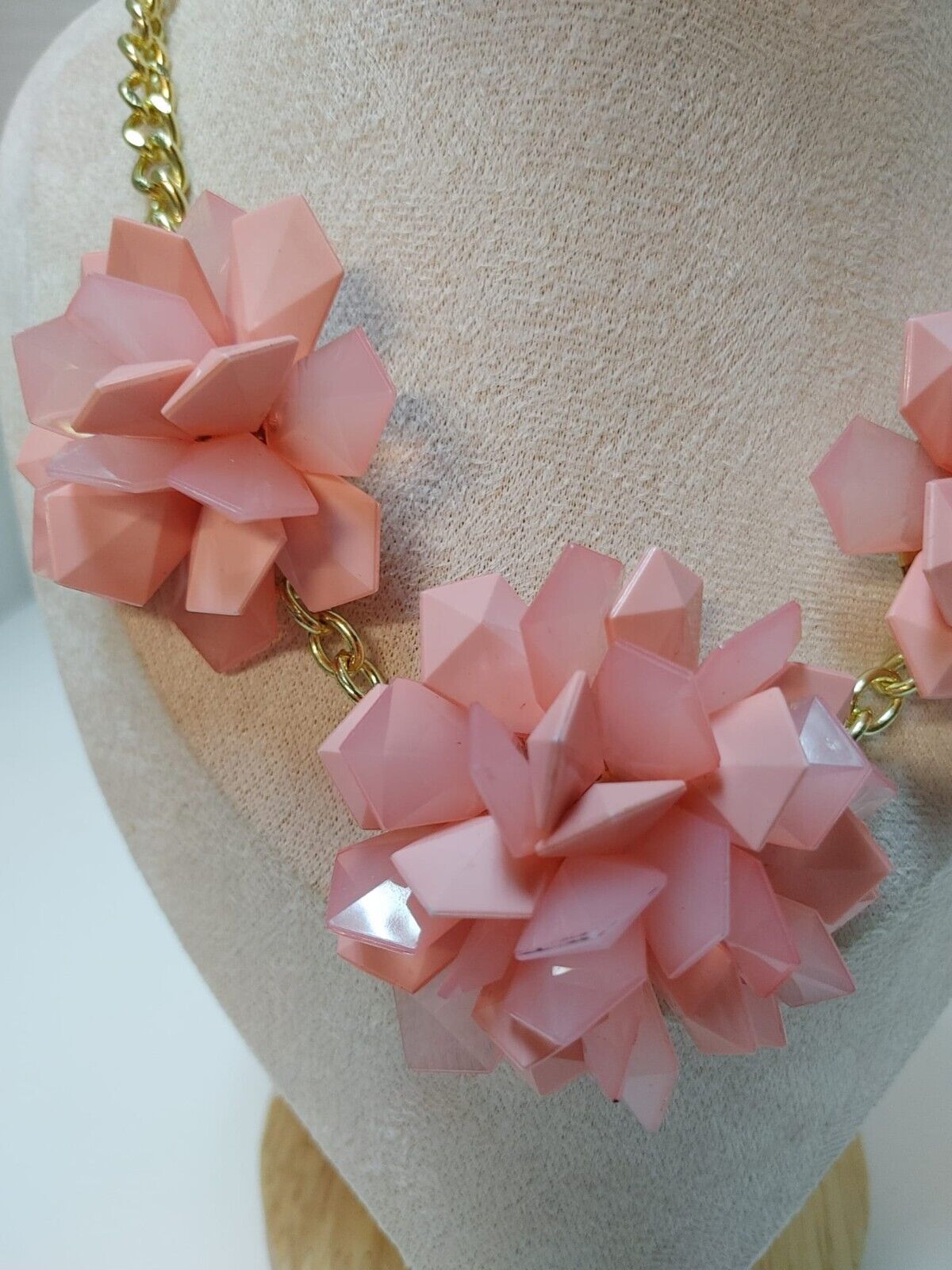 Gold Tone Light Pink Flower Necklace Spring Time Floral Acrylic