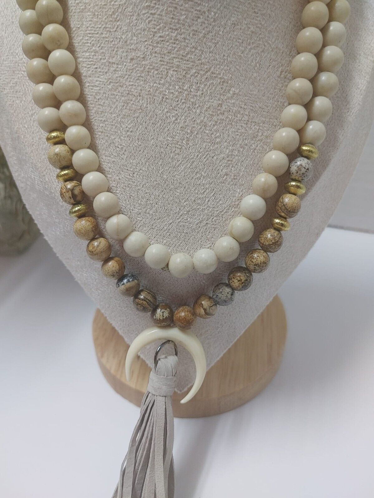 Natural Jasper Gemstone Beads Necklace & Horn Crescent Moon Pendant 36" Bohemian
