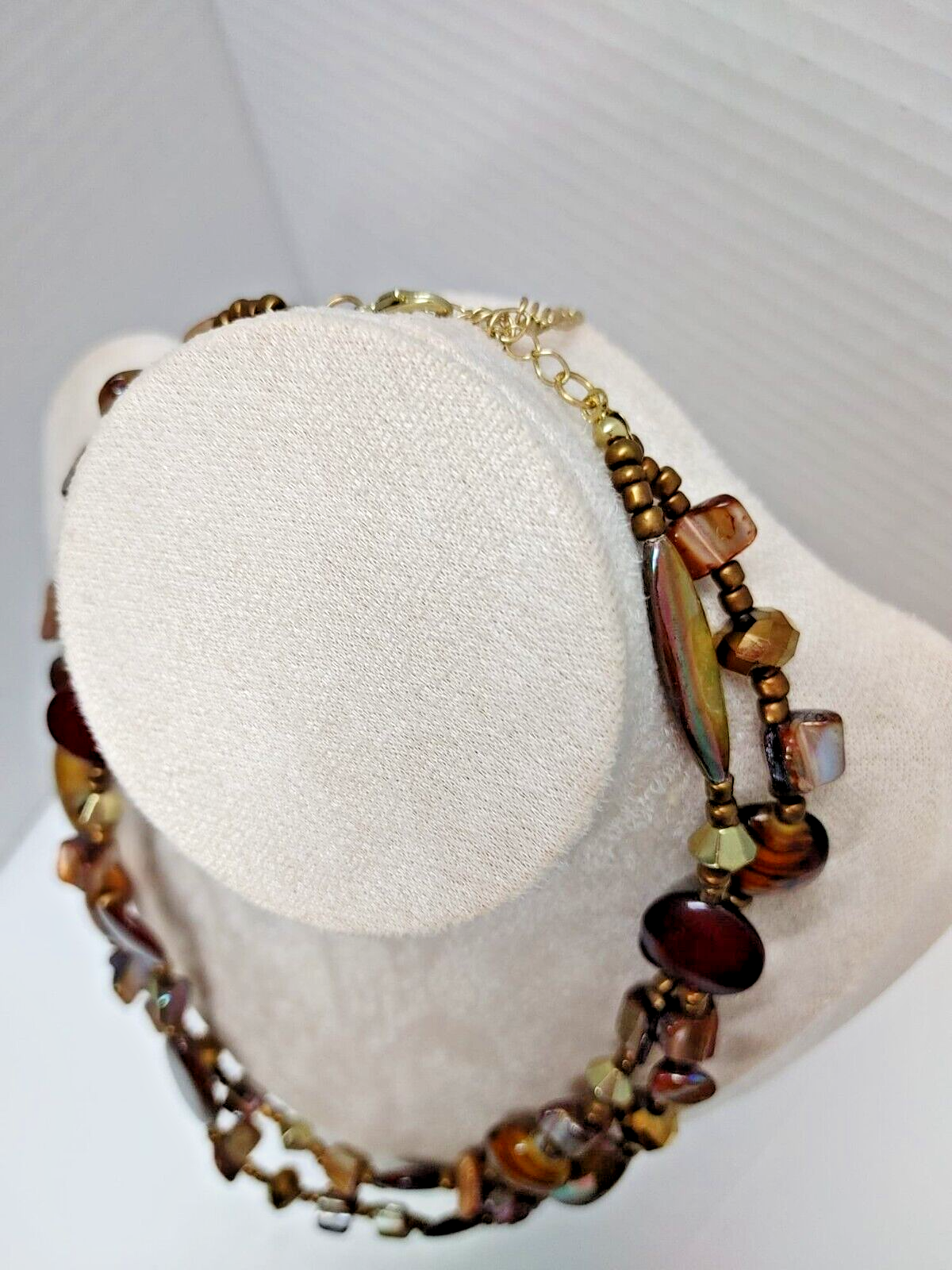 Doble 20" Long Necklace Brown GLASS BEADS Bronze Tone PEARLS Boho Retro