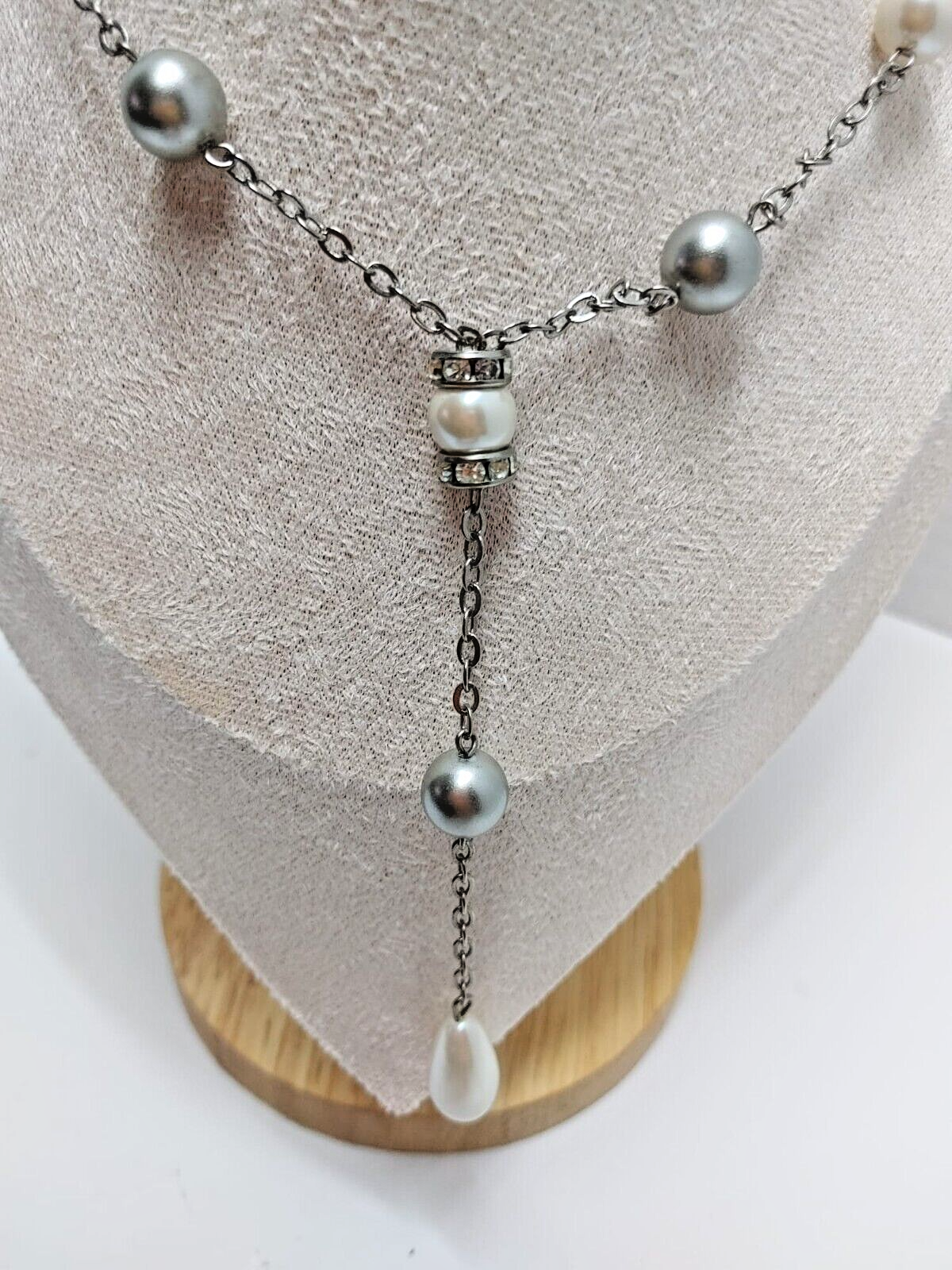 Silver Tone Faux Pearl Rhinestone Chocker Drop Necklace  Y Drop Dangle