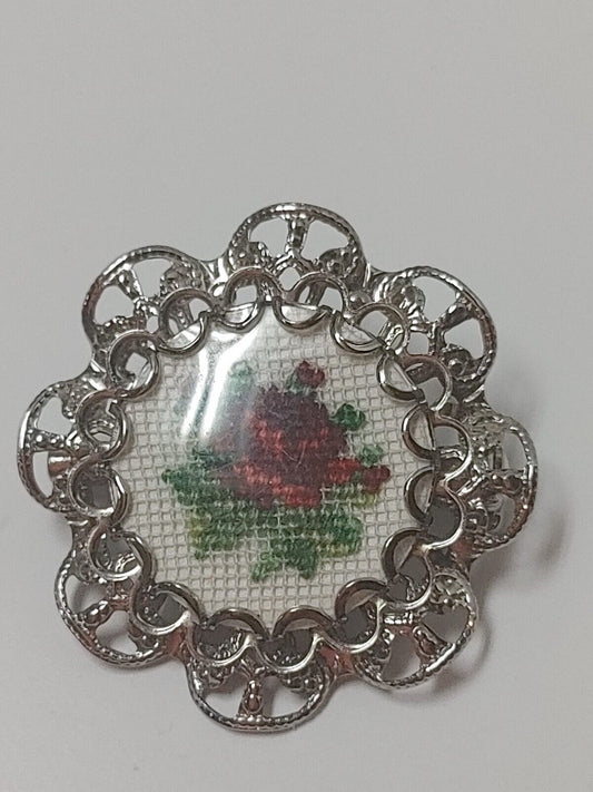 Vintage FLORAL PIN BROOCH Needlepoint cross stitch  Silver tone setting mom Gift