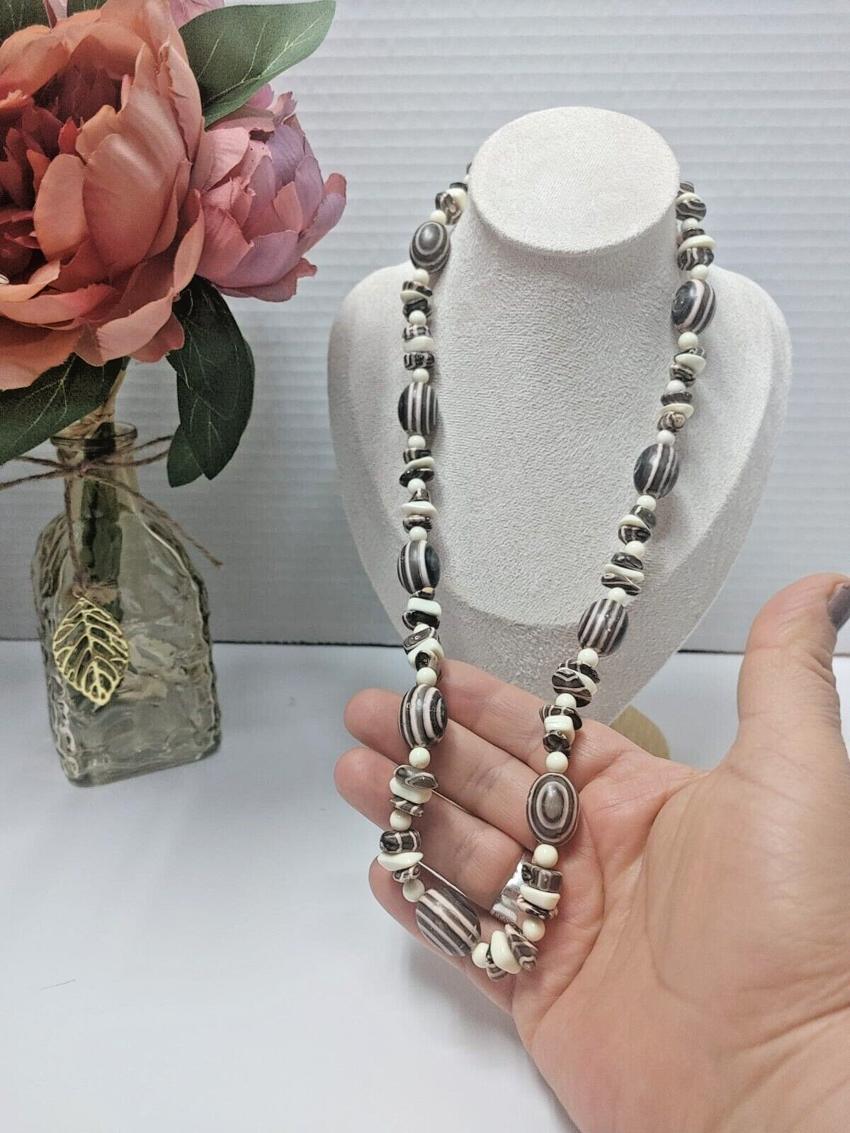 Handmade Boho Long Necklace Brown White Striped Lucite Resin Bead  Unsigned