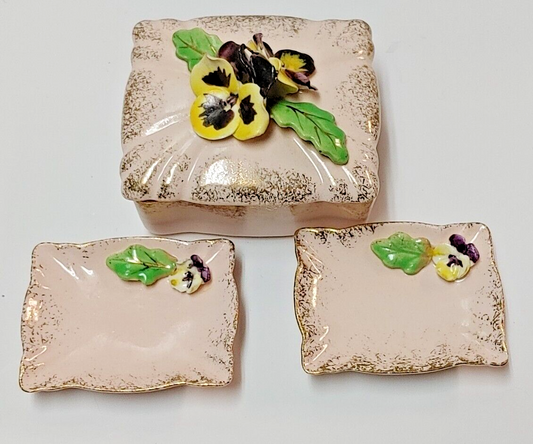 Vintage 3-D Raised Pansies Porcelain Trinket Dishes & Trinket Box wedding