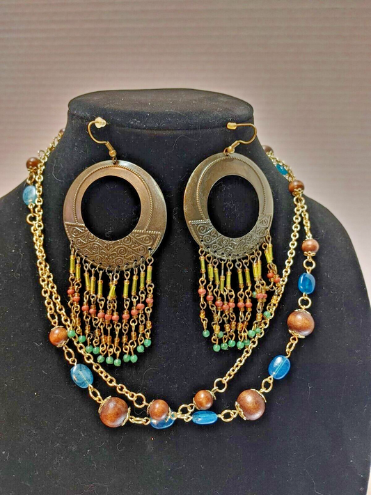 Vintage Embossed Brass Multi Color Beaded Dangle Boho Earrings & Necklace