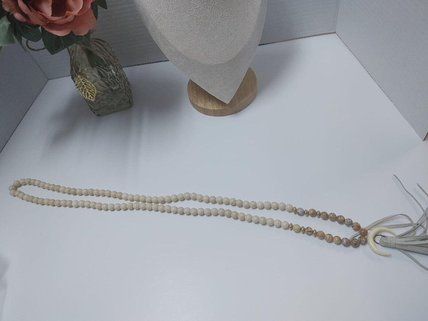 Natural Jasper Gemstone Beads Necklace & Horn Crescent Moon Pendant 36" Bohemian