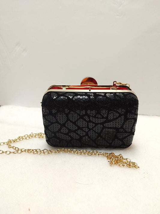 Women's Designer Sequin Box Clutch Bag, Small Party Purse, Chain Shoulder Strap