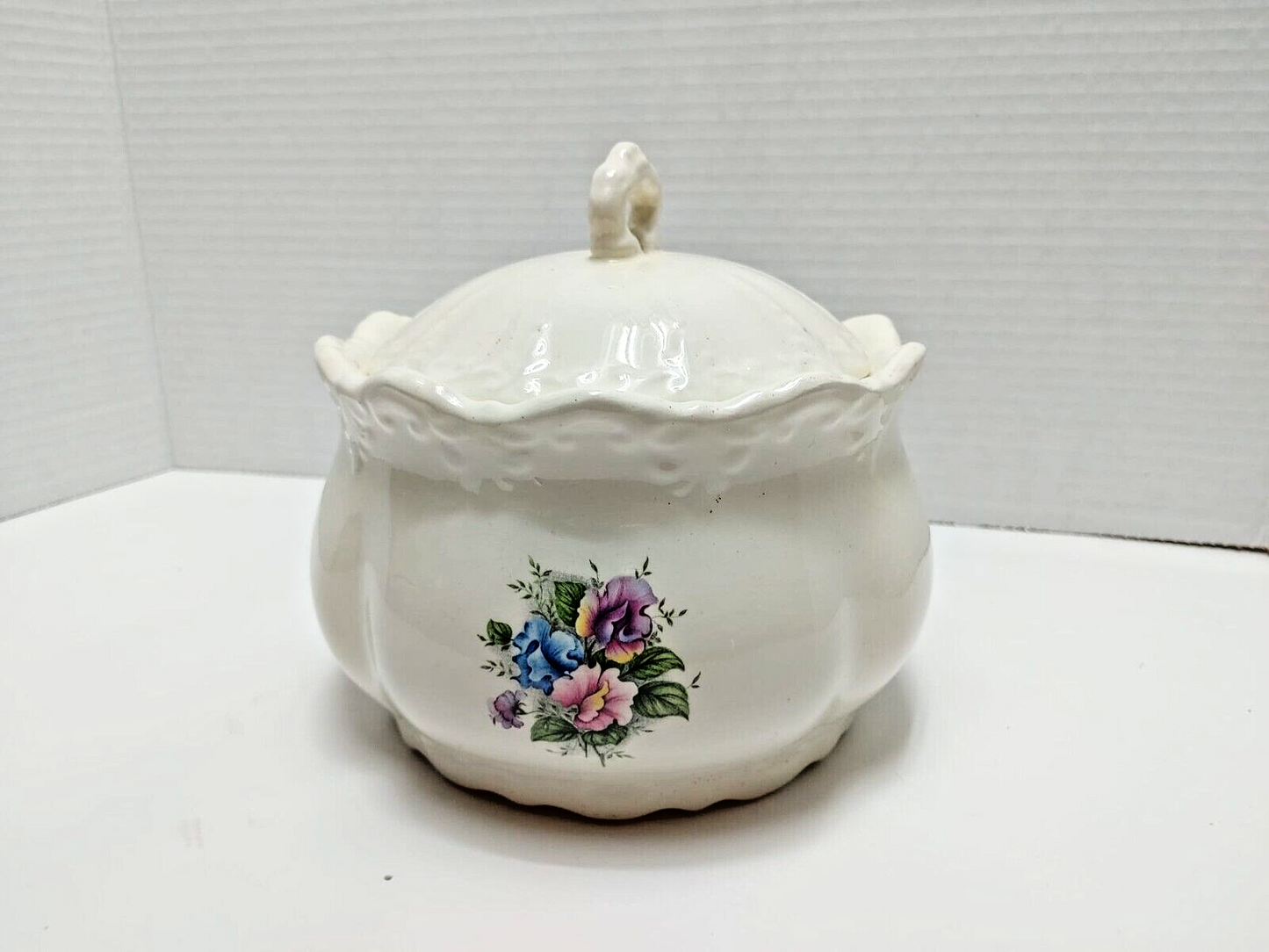 Vintage Ratauds Covered Serving Dish 1960's England Vanilla White w/ Roses