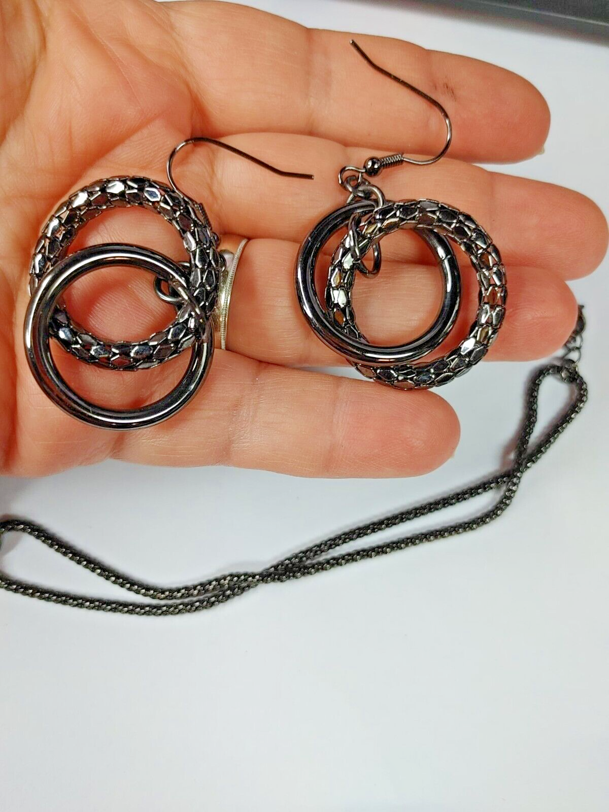 Vintage Jewelry Necklace Earrings Gun Metal Chain Chunky Rings  17" Jewelry Set