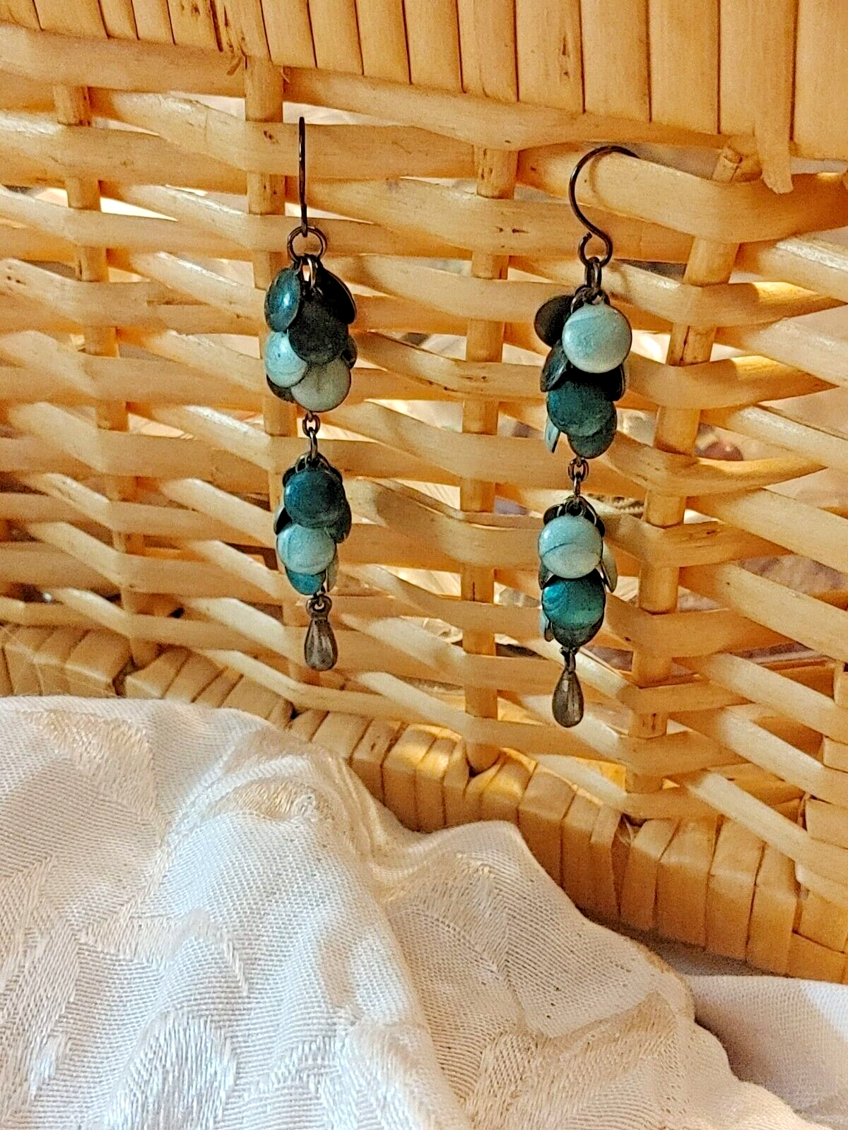 Vintage Pieced Metal Turquoise Tone Disc dangle Earrings Women Jewelry Retro