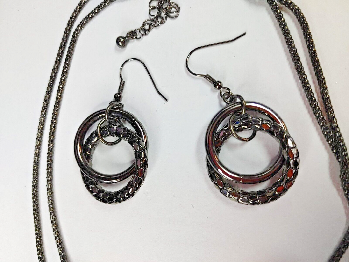 Vintage Jewelry Necklace Earrings Gun Metal Chain Chunky Rings  17" Jewelry Set