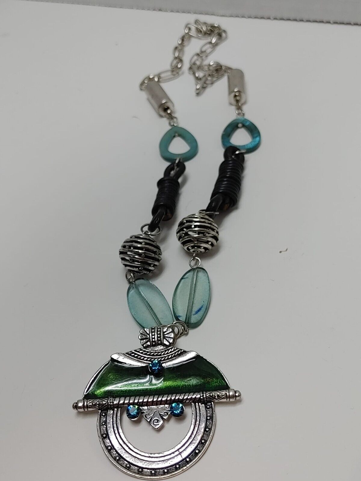 Vintage Ethnic Pendant Necklace silver-tone leather Braided chain 16.5" Bohemian