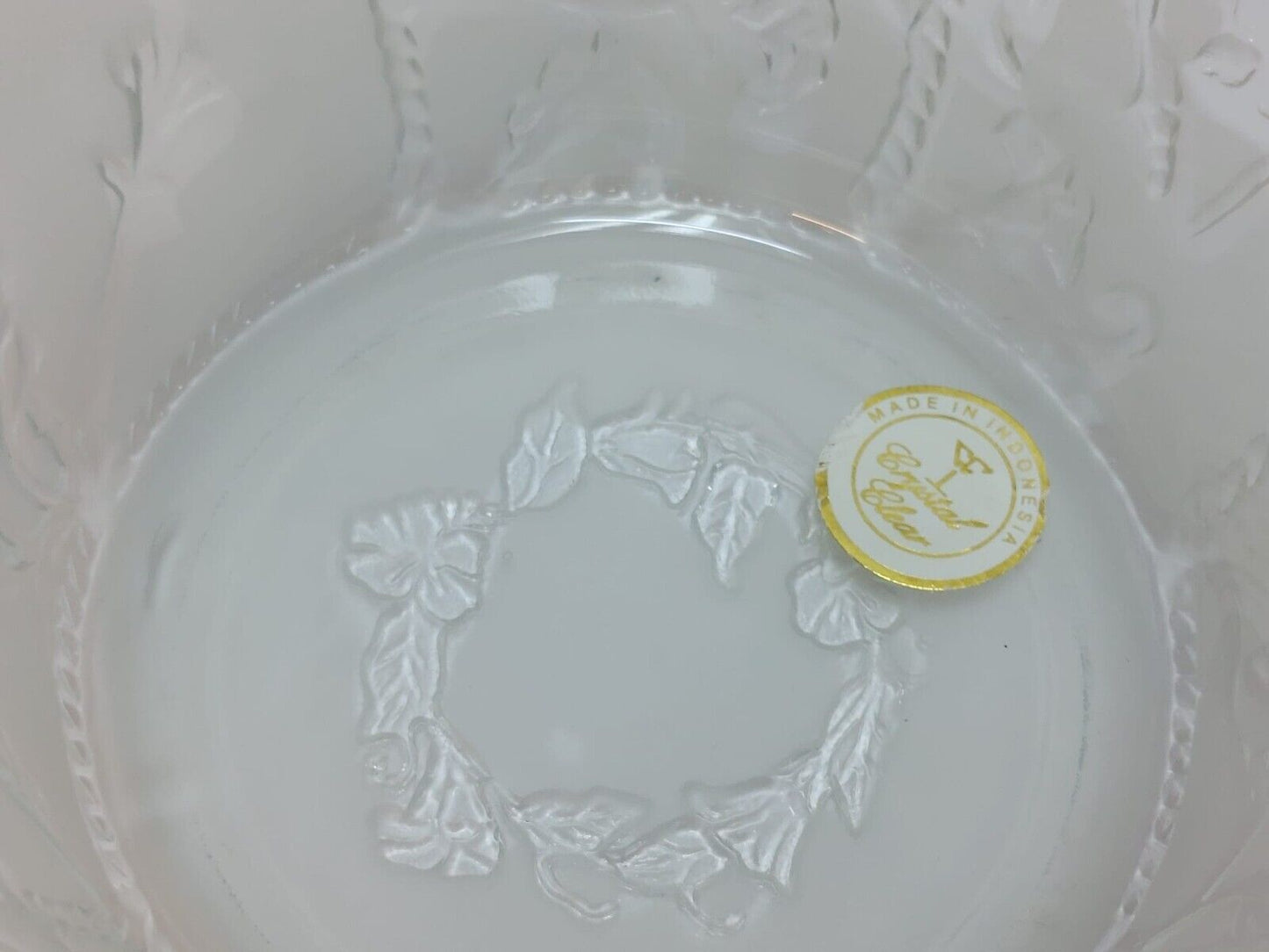 Vintage BOWL Crystal Clear Gold Trim Frosted Floral Bowl Made in Indonesia