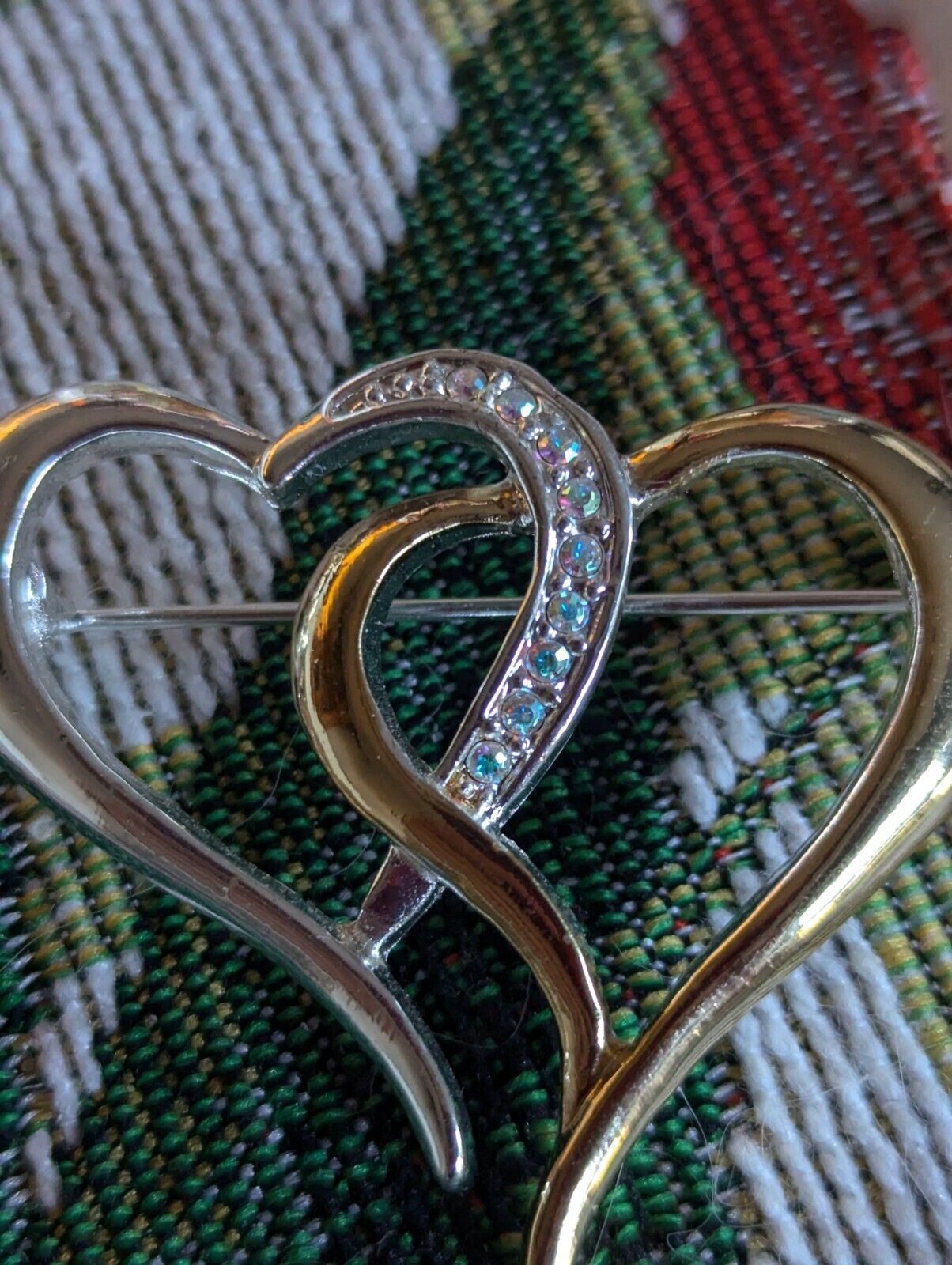 Vintage AB Rhinestones Double Hearts Brooch Pin Goldtone Silvertone