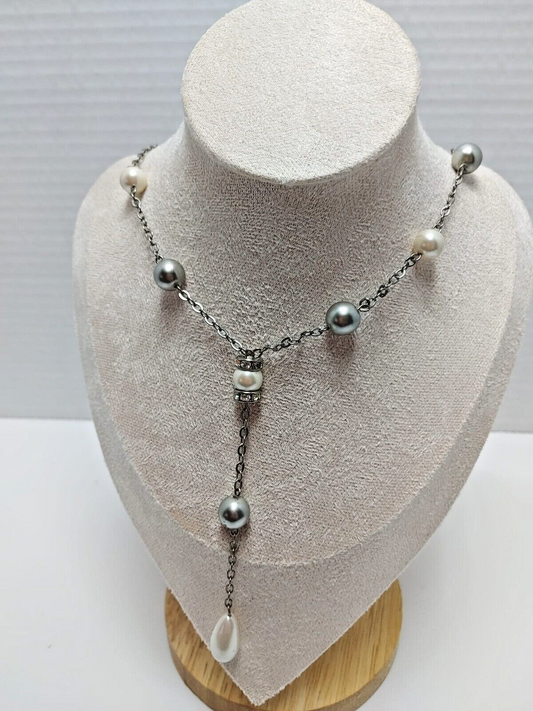 Silver Tone Faux Pearl Rhinestone Chocker Drop Necklace  Y Drop Dangle
