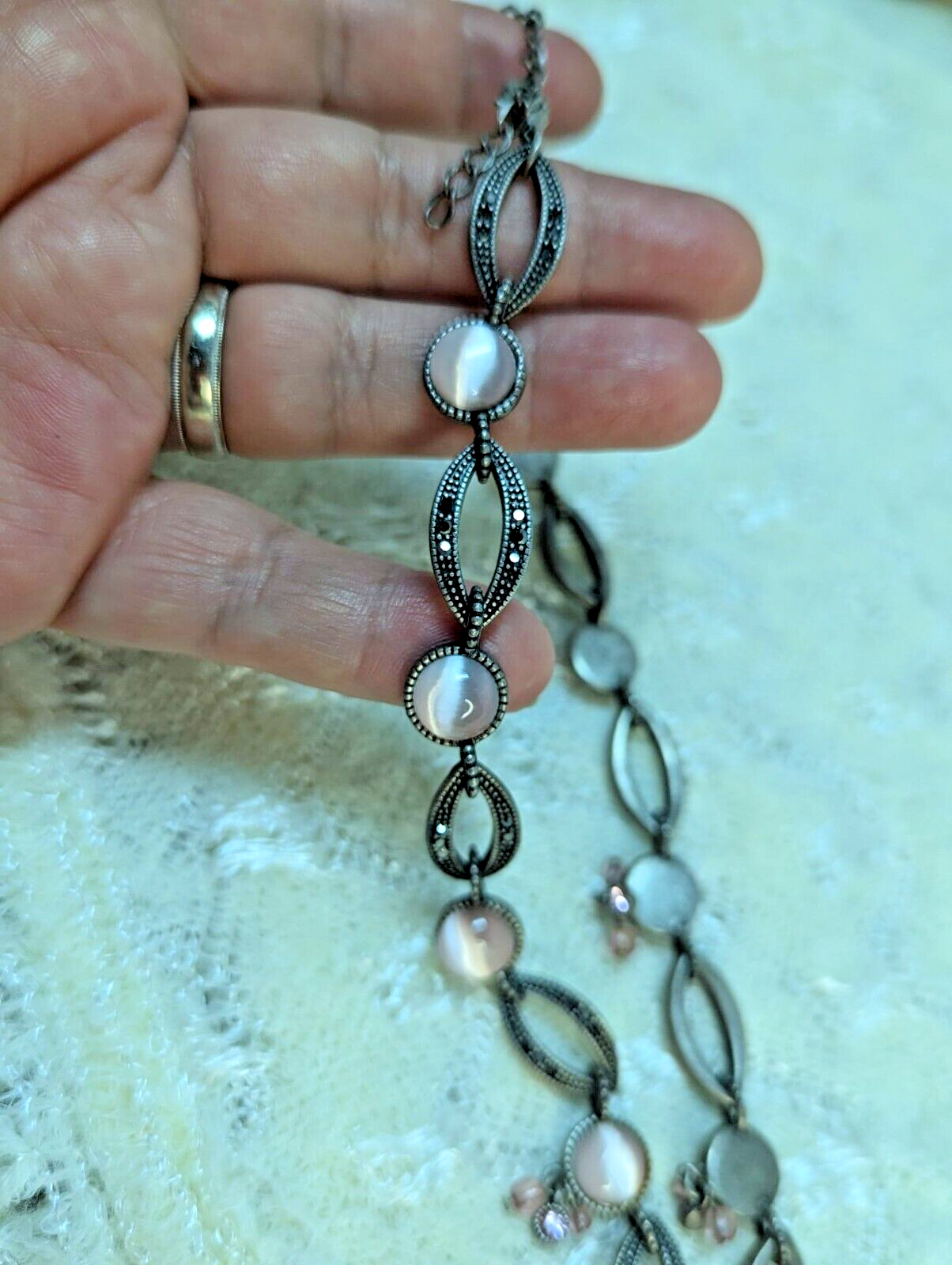 Vintage Antique Silver Necklace Pink Faux Cat's Eye & Marcasite