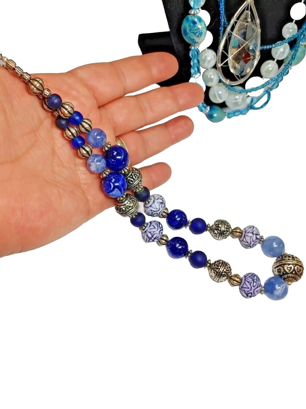 Vintage Graduated Multi bead Blue & White, Silver Tone Bead Necklace 17 Inches