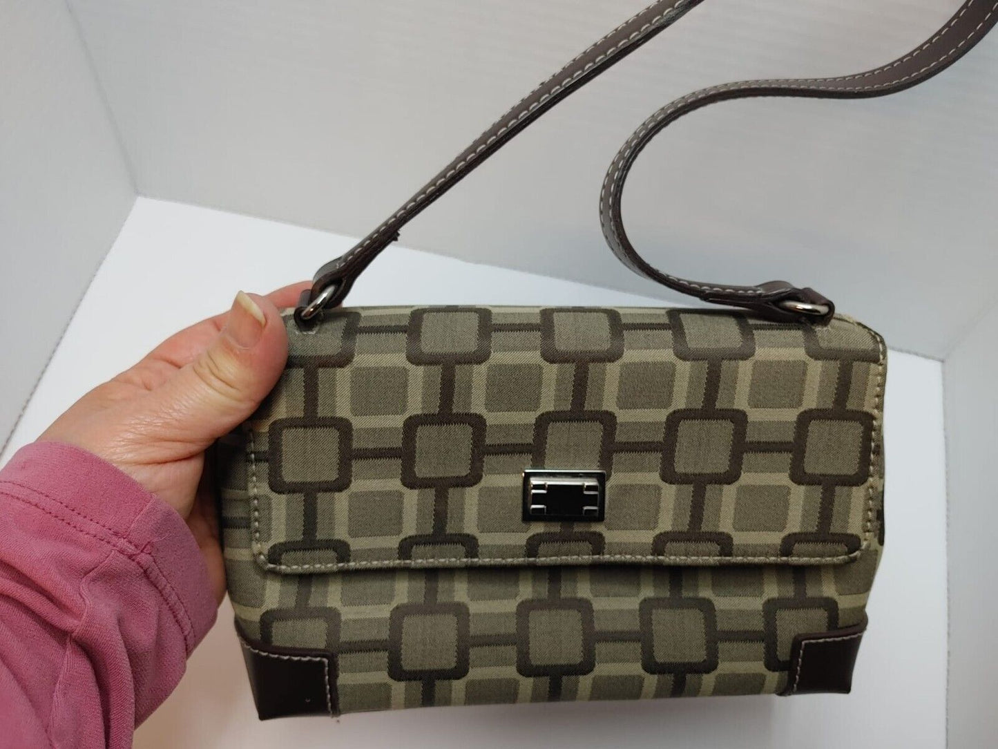 Vintage Nine West Shoulder Bag Geometric Pattern Beige Brown Medium/Small Purse