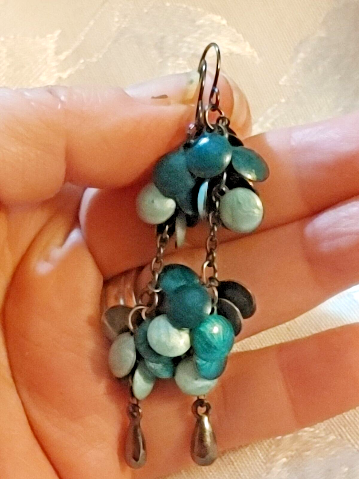 Vintage Pieced Metal Turquoise Tone Disc dangle Earrings Women Jewelry Retro