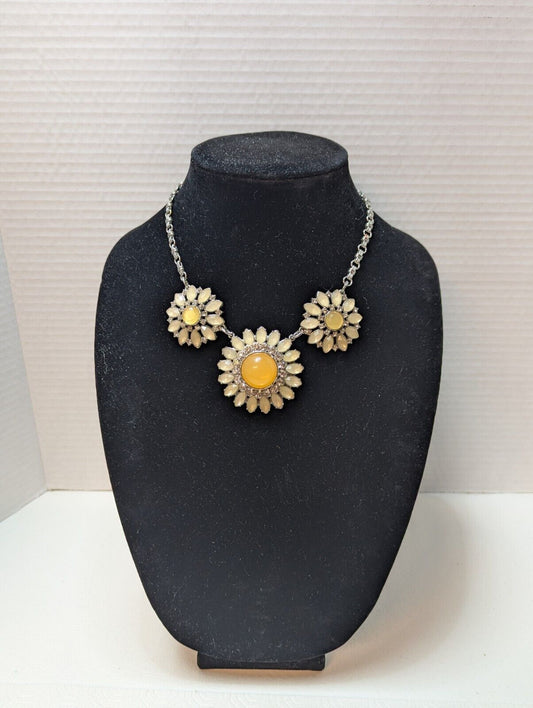 Lia Sophia Triple Flower Statement Necklace Yellow Sunflower  18-21" Silver Tone